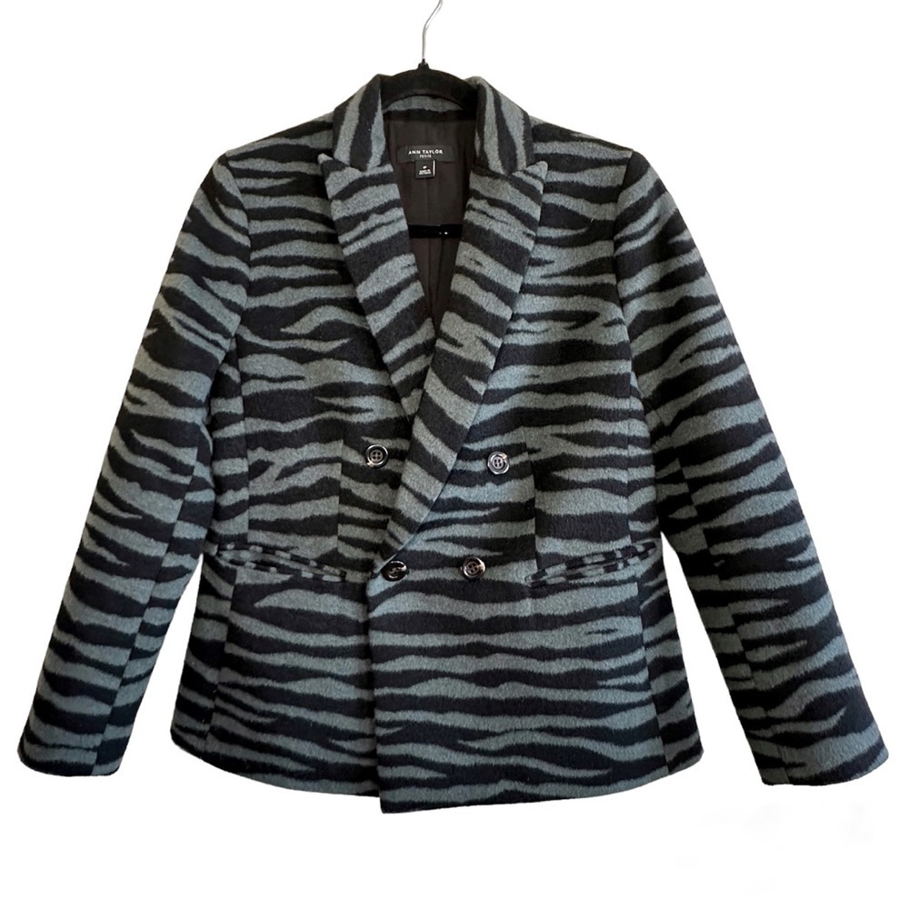 Ann Taylor Green Zebra Print Wool Coat Double Breasted‎ Statement Blazer Petite